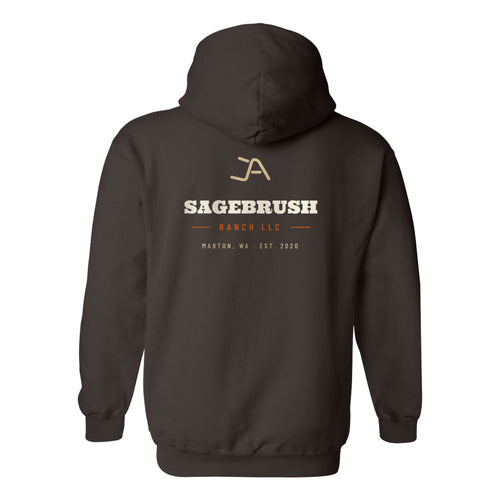Dark chocolate hoodie, back, with the Sagebrush Ranch Brand Iron logo