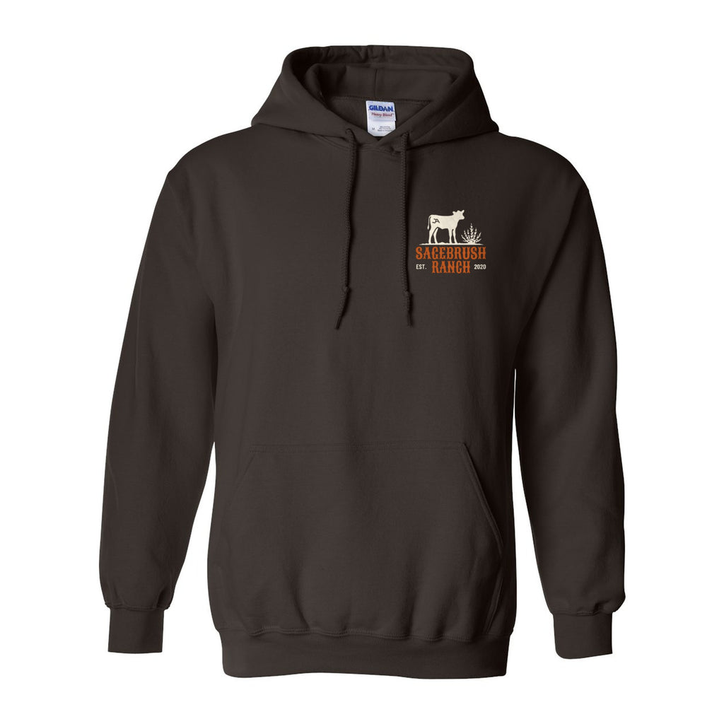 Dark chocolate hoodie, front, with the Sagebrush Ranch calf logo on the left chest