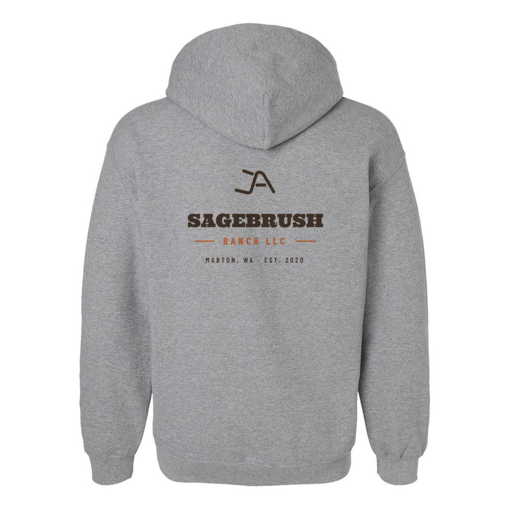 Sport grey hoodie, back, with the Sagebrush Ranch Brand Iron logo
