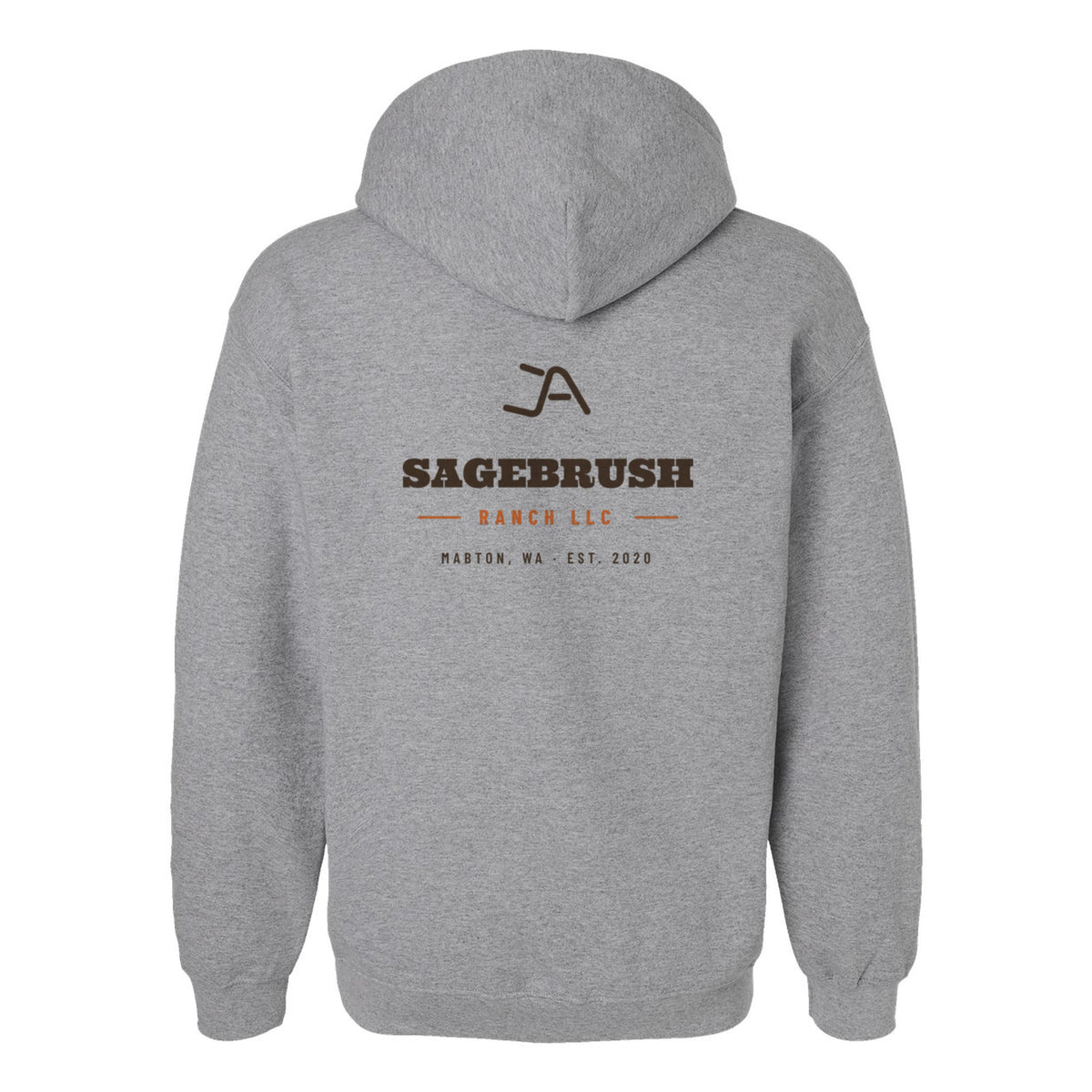 Sport grey hoodie, back, with the Sagebrush Ranch Brand Iron logo