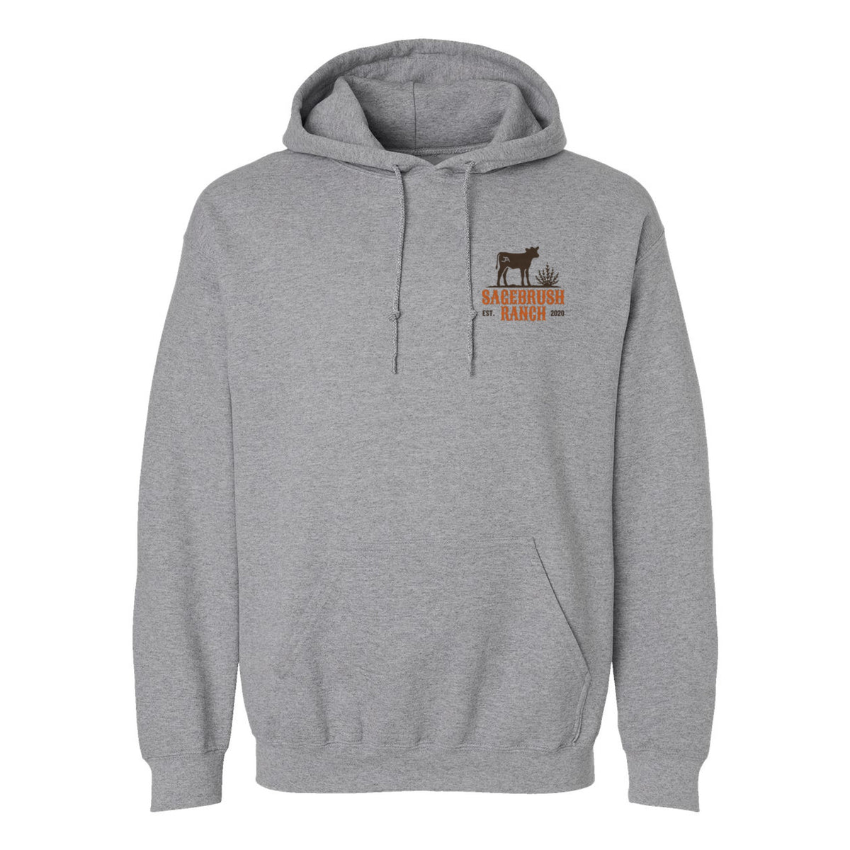 Sport grey hoodie, front, with the Sagebrush Ranch calf logo on the left chest
