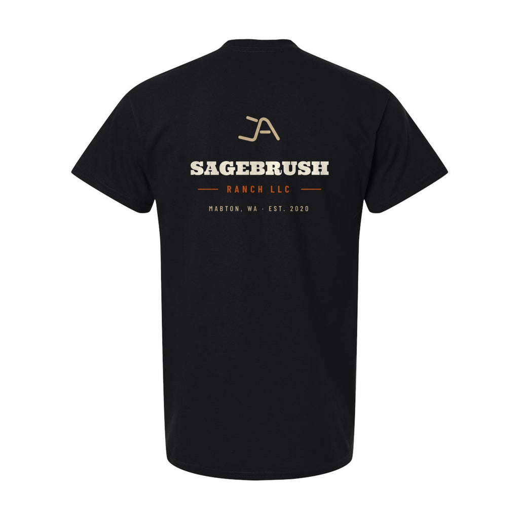 Black tee, back, with the Sagebrush Ranch Brand Iron logo