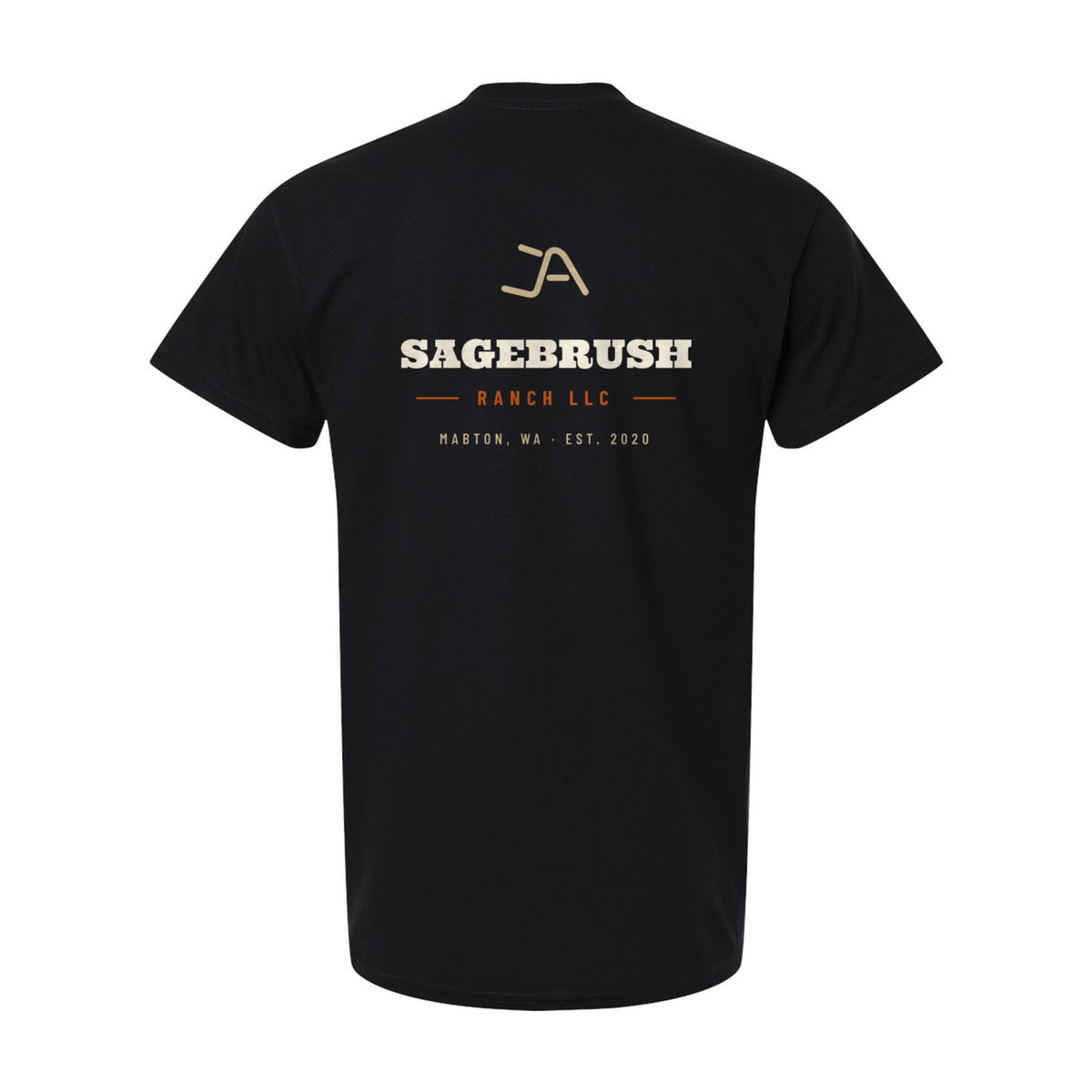 Black tee, back, with the Sagebrush Ranch Brand Iron logo