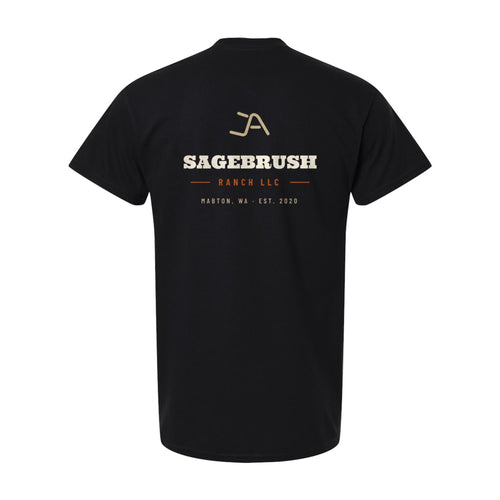 Black tee, back, with the Sagebrush Ranch Brand Iron logo