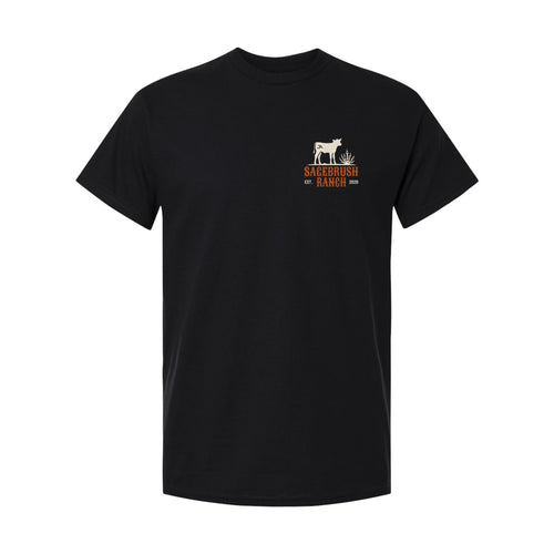 Black tee, front, with the Sagebrush Ranch calf logo on the left chest
