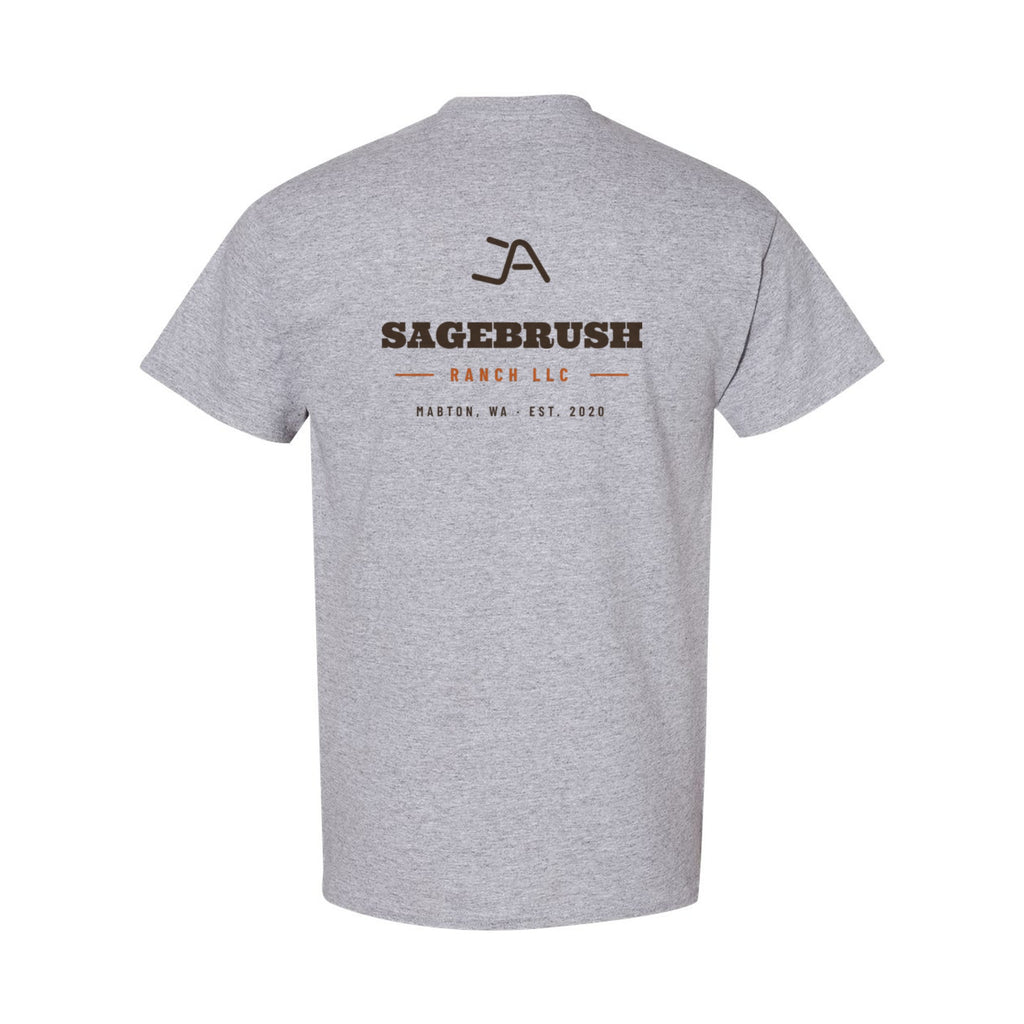 Sport grey tee, back, with the Sagebrush Ranch Brand Iron logo