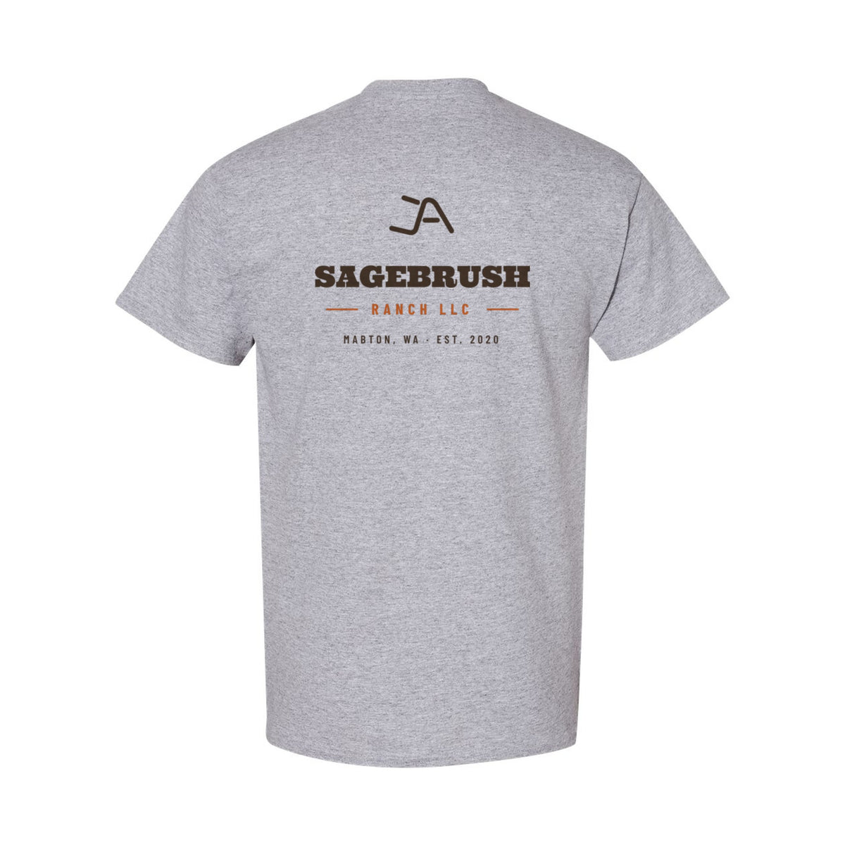 Sport grey tee, back, with the Sagebrush Ranch Brand Iron logo