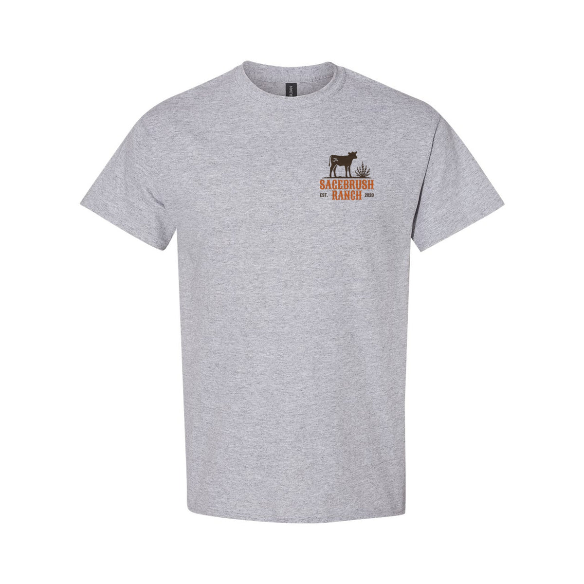 Sport grey tee, front, with the Sagebrush Ranch calf logo on the left chest