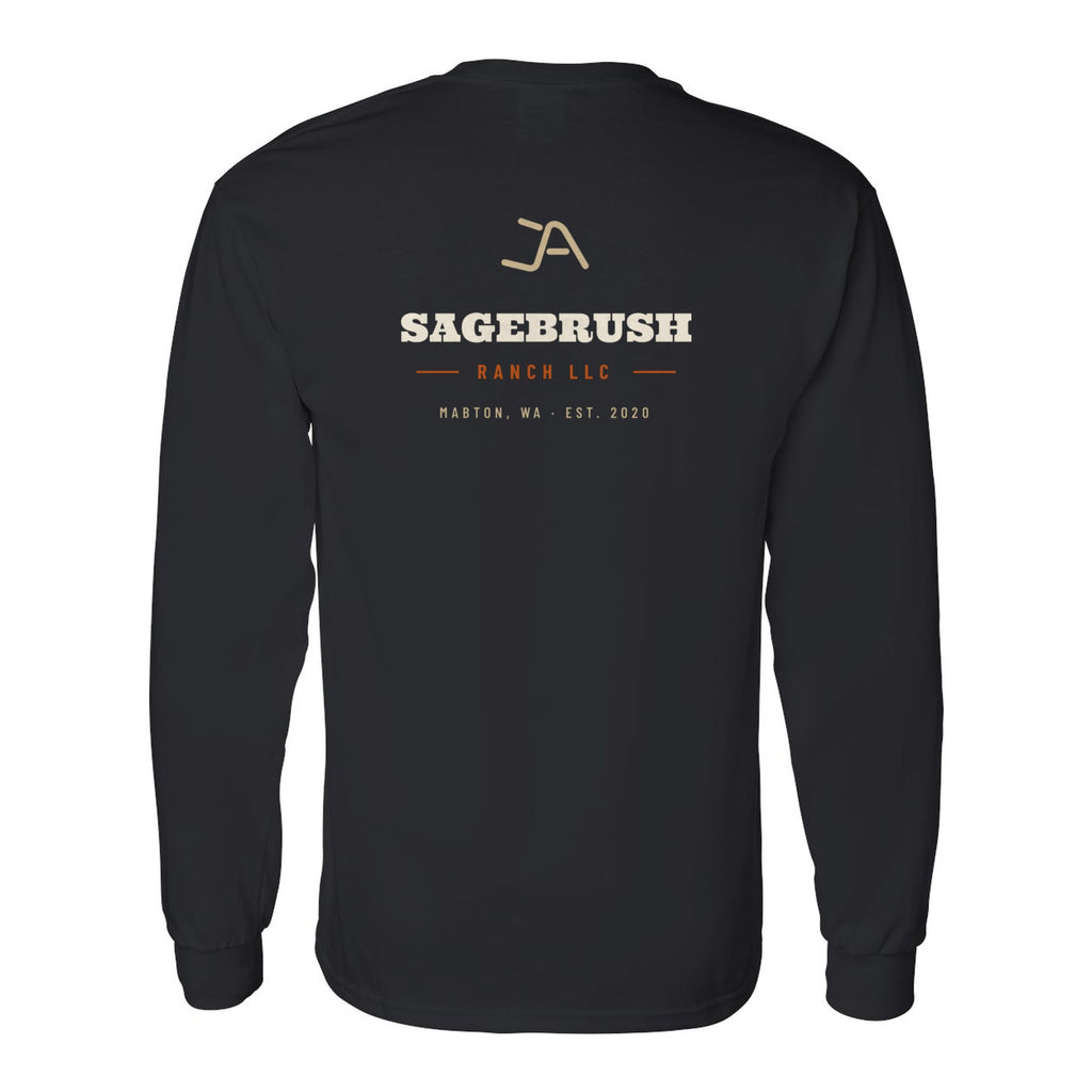 Black long sleeve tee, back, with the Sagebrush Ranch Brand Iron logo
