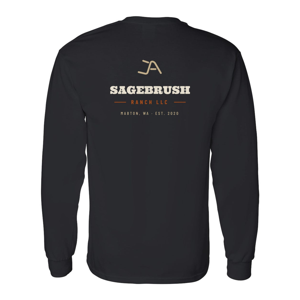Black long sleeve tee, back, with the Sagebrush Ranch Brand Iron logo