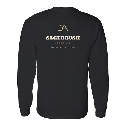 Black long sleeve tee, back, with the Sagebrush Ranch Brand Iron logo