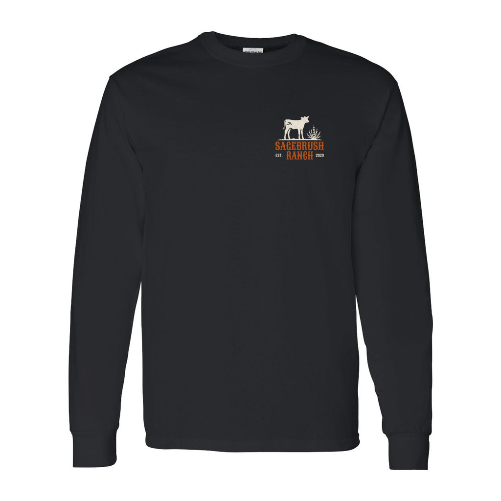 Black long sleeve tee, front, with the Sagebrush Ranch calf logo on the left chest