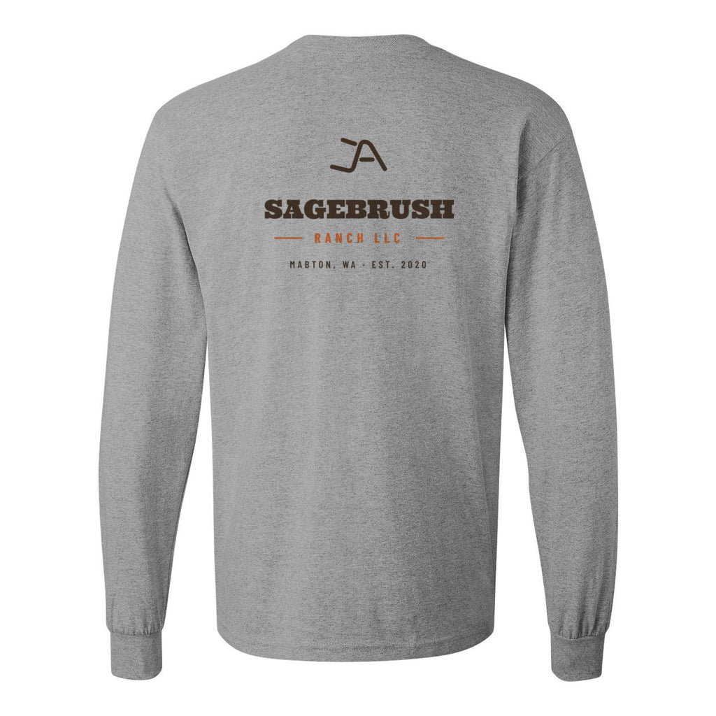 Sport grey long sleeve tee, back, with the Sagebrush Ranch Brand Iron logo