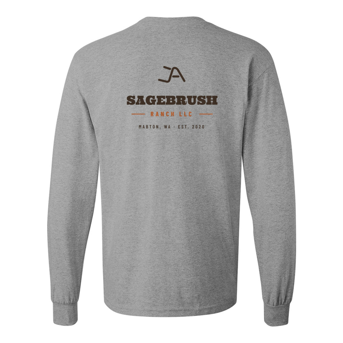 Sport grey long sleeve tee, back, with the Sagebrush Ranch Brand Iron logo