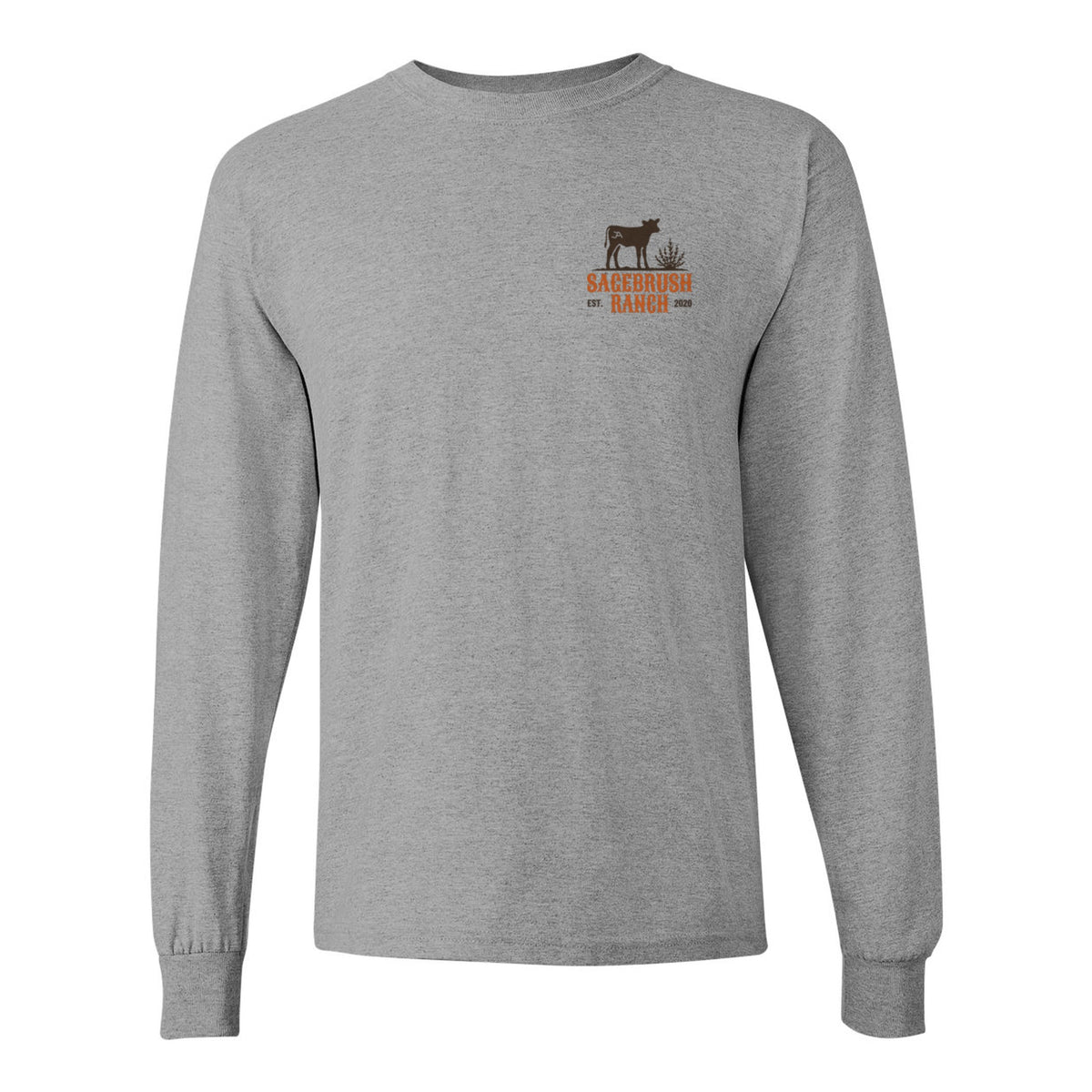 Sport grey long sleeve tee, front, with the Sagebrush Ranch calf logo on the left chest