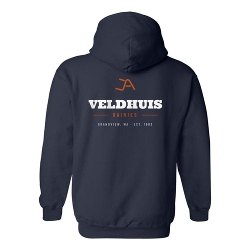 Navy hoodie, back, with the Veldhuis Dairies Brand Iron logo