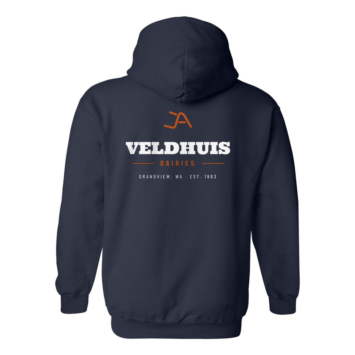 Navy hoodie, back, with the Veldhuis Dairies Brand Iron logo