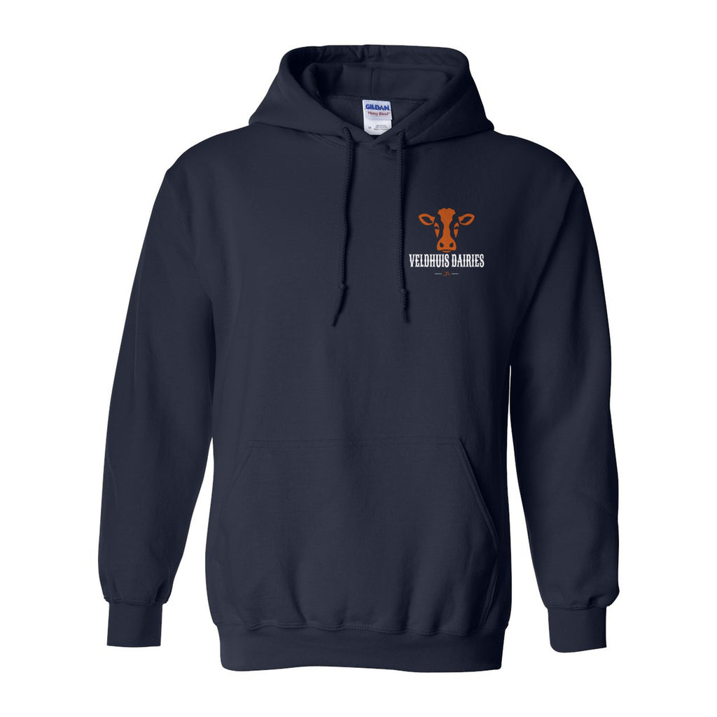 Navy hoodie, front, with the Veldhuis Dairies cow logo on the left chest