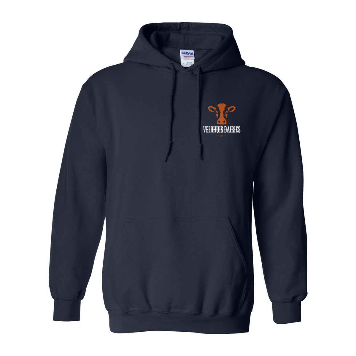 Navy hoodie, front, with the Veldhuis Dairies cow logo on the left chest