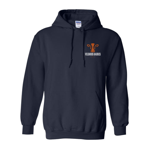 Navy hoodie, front, with the Veldhuis Dairies cow logo on the left chest