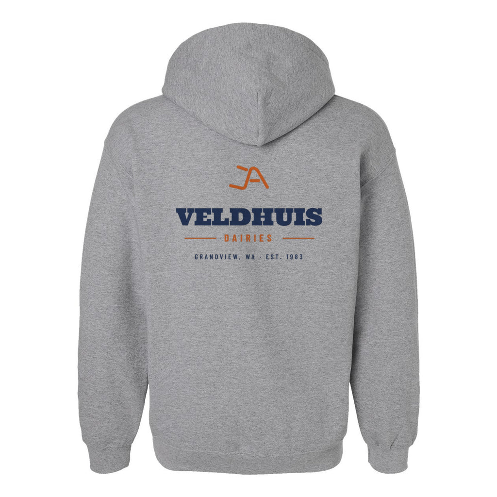 Sport grey hoodie, back, with the Veldhuis Dairies Brand Iron logo