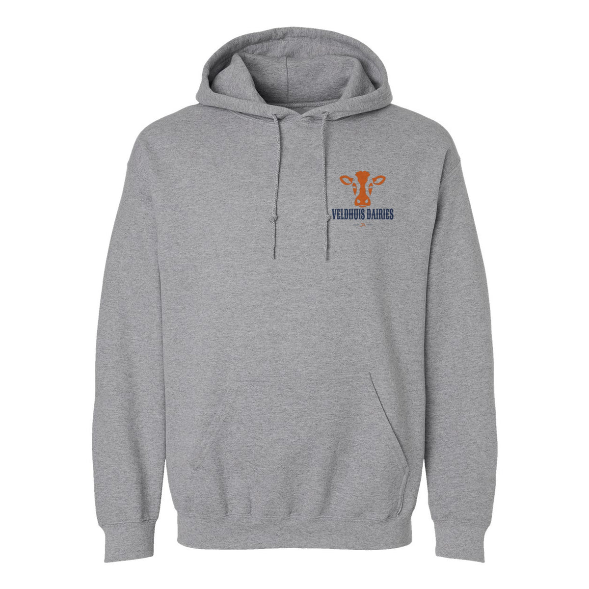 Sport grey hoodie, front, with the Veldhuis Dairies cow logo on the left chest