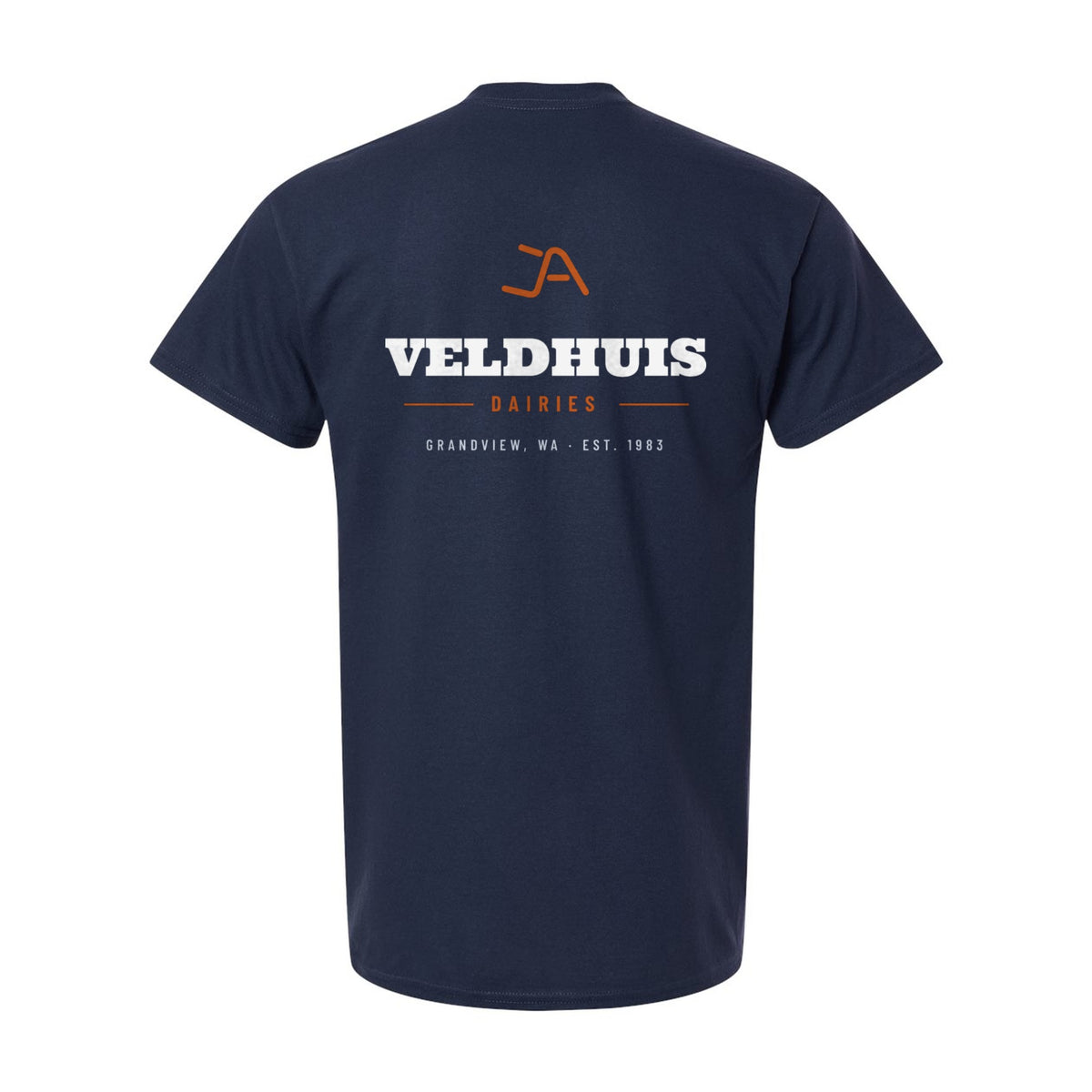 Navy tee, back, with the Veldhuis Dairies Brand Iron logo