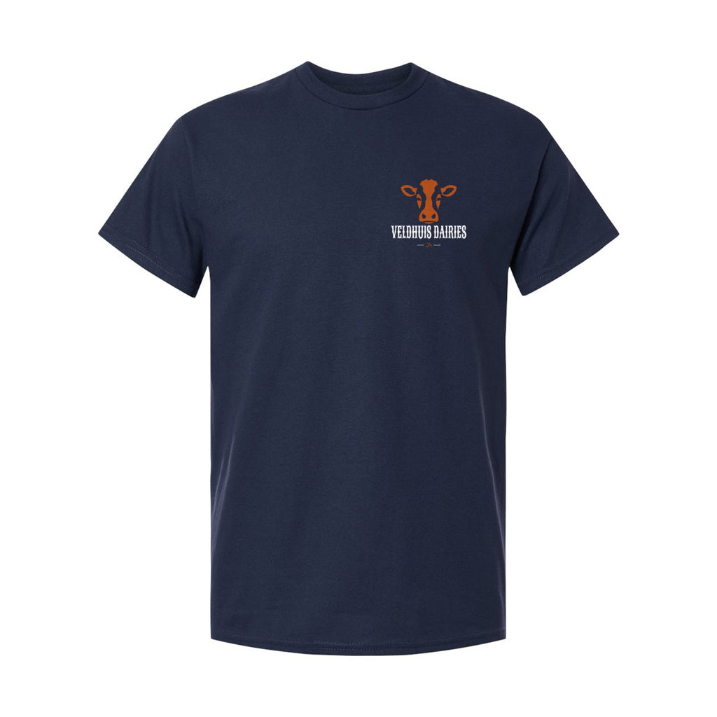 Navy tee, front, with the Veldhuis Dairies cow logo on the left chest