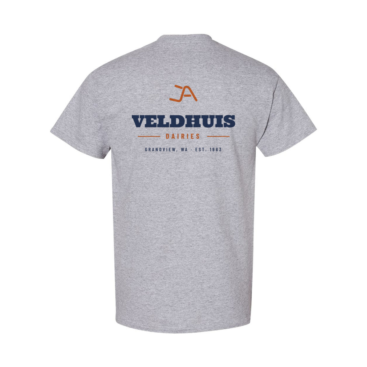 Sport grey tee, back, with the Veldhuis Dairies Brand Iron logo