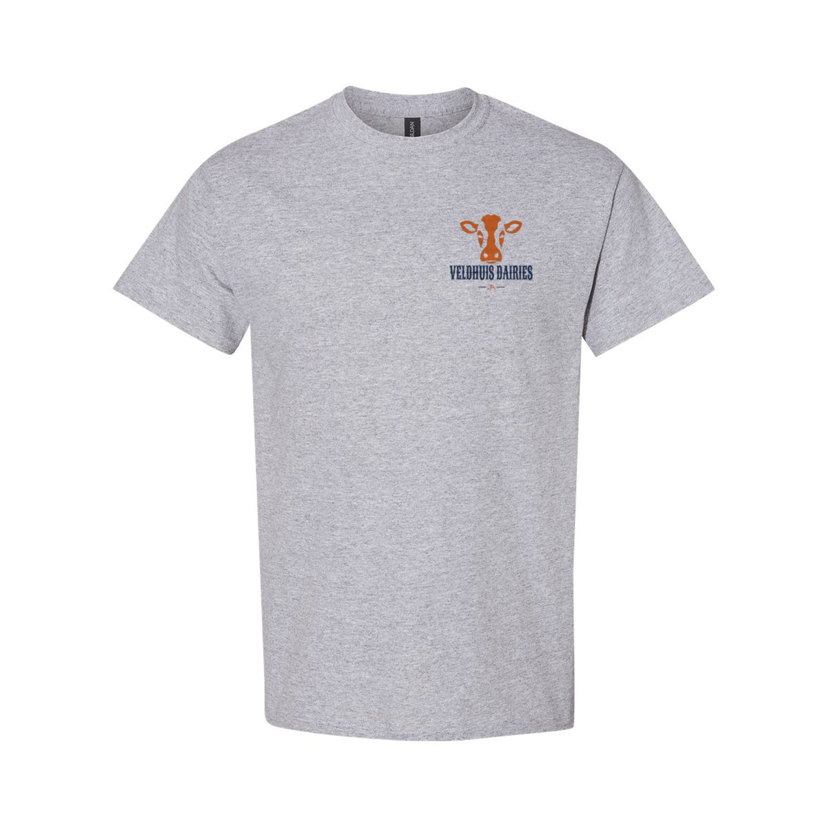 Sport grey tee, front, with the Veldhuis Dairies cow logo on the left chest