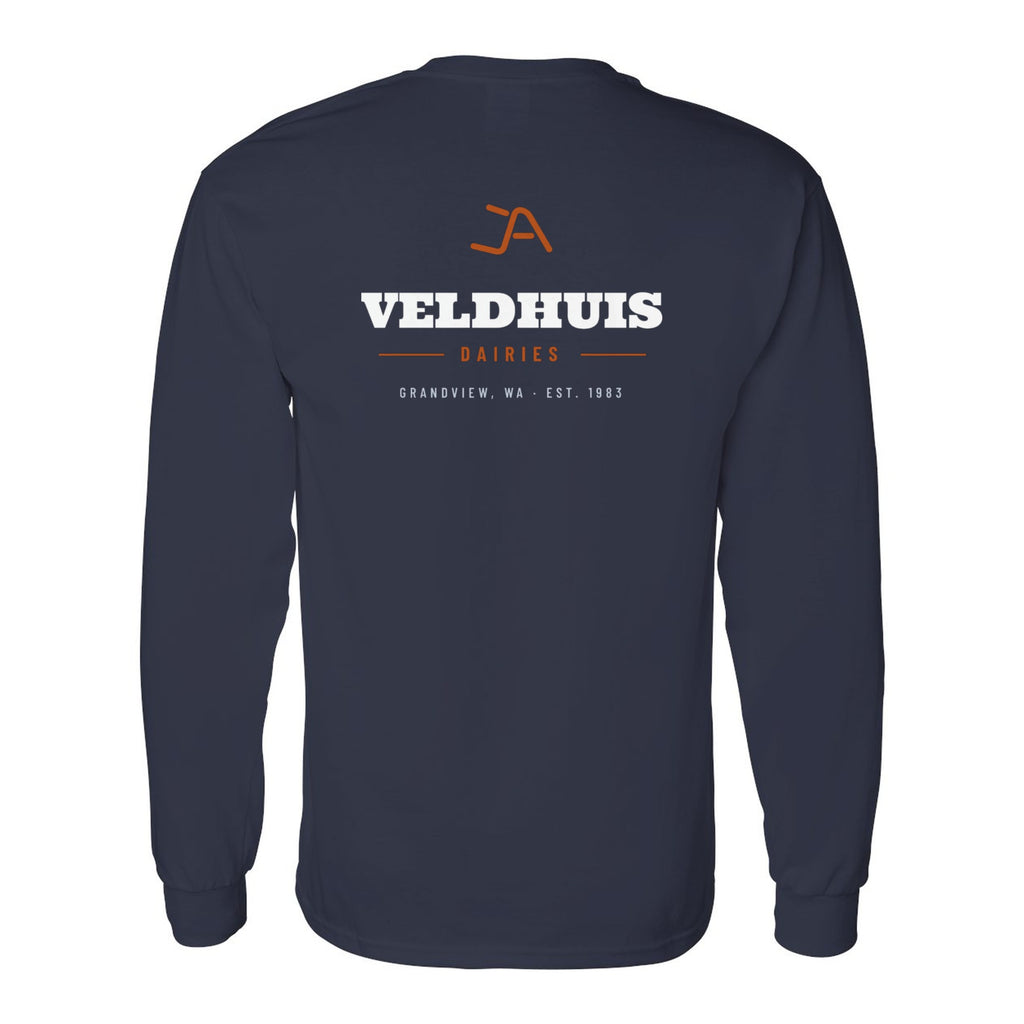Navy long sleeve tee, back, with the Veldhuis Dairies Brand Iron logo