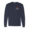 Navy long sleeve tee, front, with the Veldhuis Dairies cow logo on the left chest