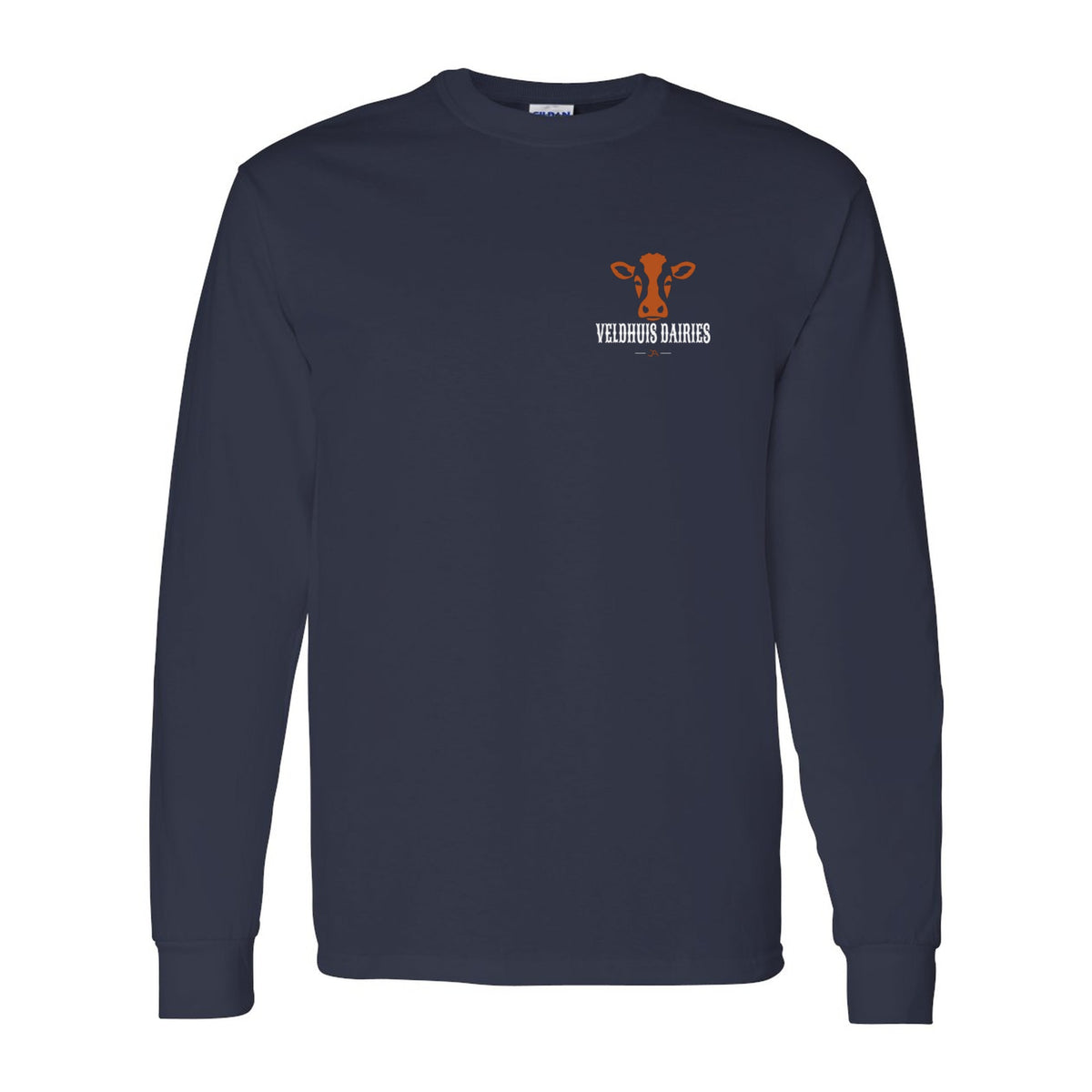 Navy long sleeve tee, front, with the Veldhuis Dairies cow logo on the left chest