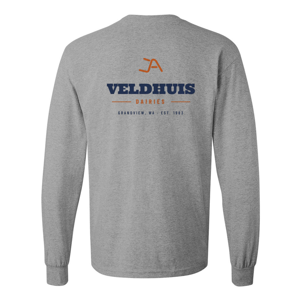 Sport grey long sleeve tee, back, with the Veldhuis Dairies Brand Iron logo