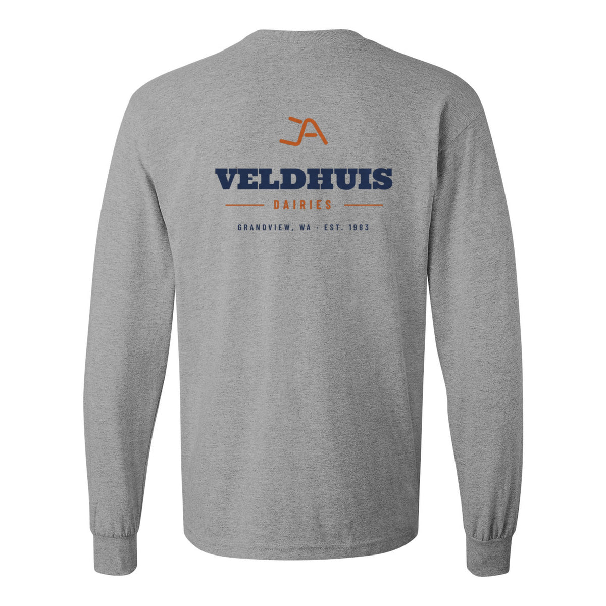 Sport grey long sleeve tee, back, with the Veldhuis Dairies Brand Iron logo