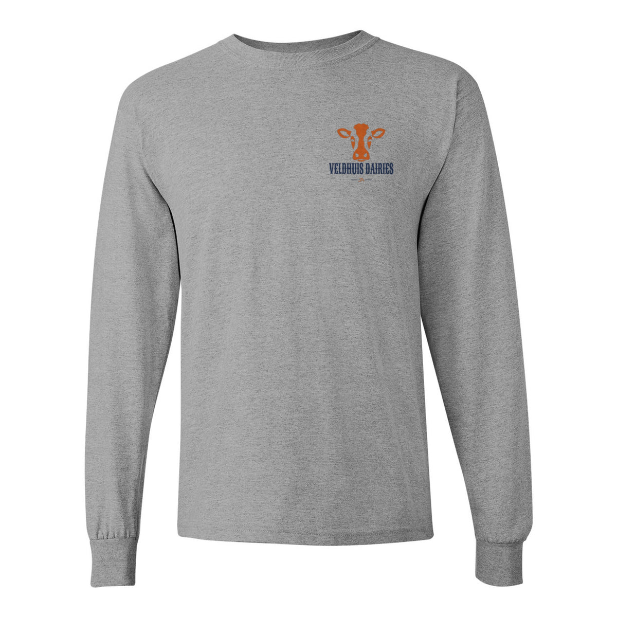 Sport grey long sleeve tee, front, with the Veldhuis Dairies cow logo on the left chest